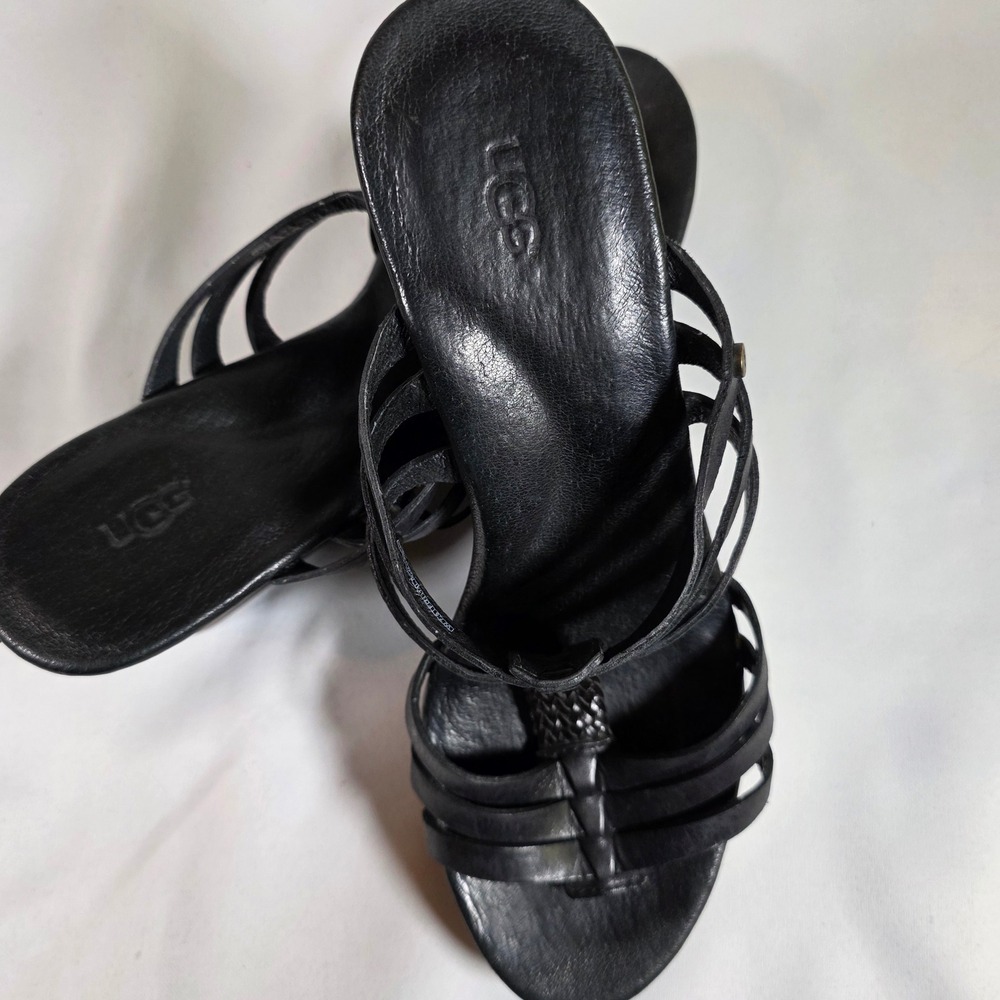 UGG Mattie Wedge Sandal Black Leather Strappy Wood Platform Womens 7.5 - Picture 7 of 8